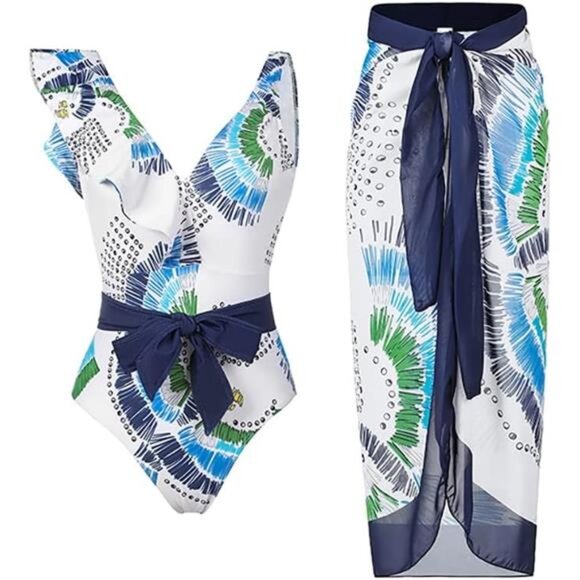 Women's One Piece Swimsuit + Cover Up Wrap Skirt Sarong Retro Floral Bikini Set